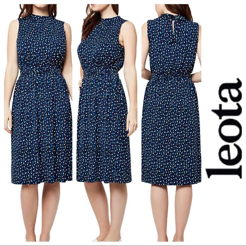 NEW! LEOTA Ladies Aria Dress in Color Blue Twilight Dot Parakeet Print
